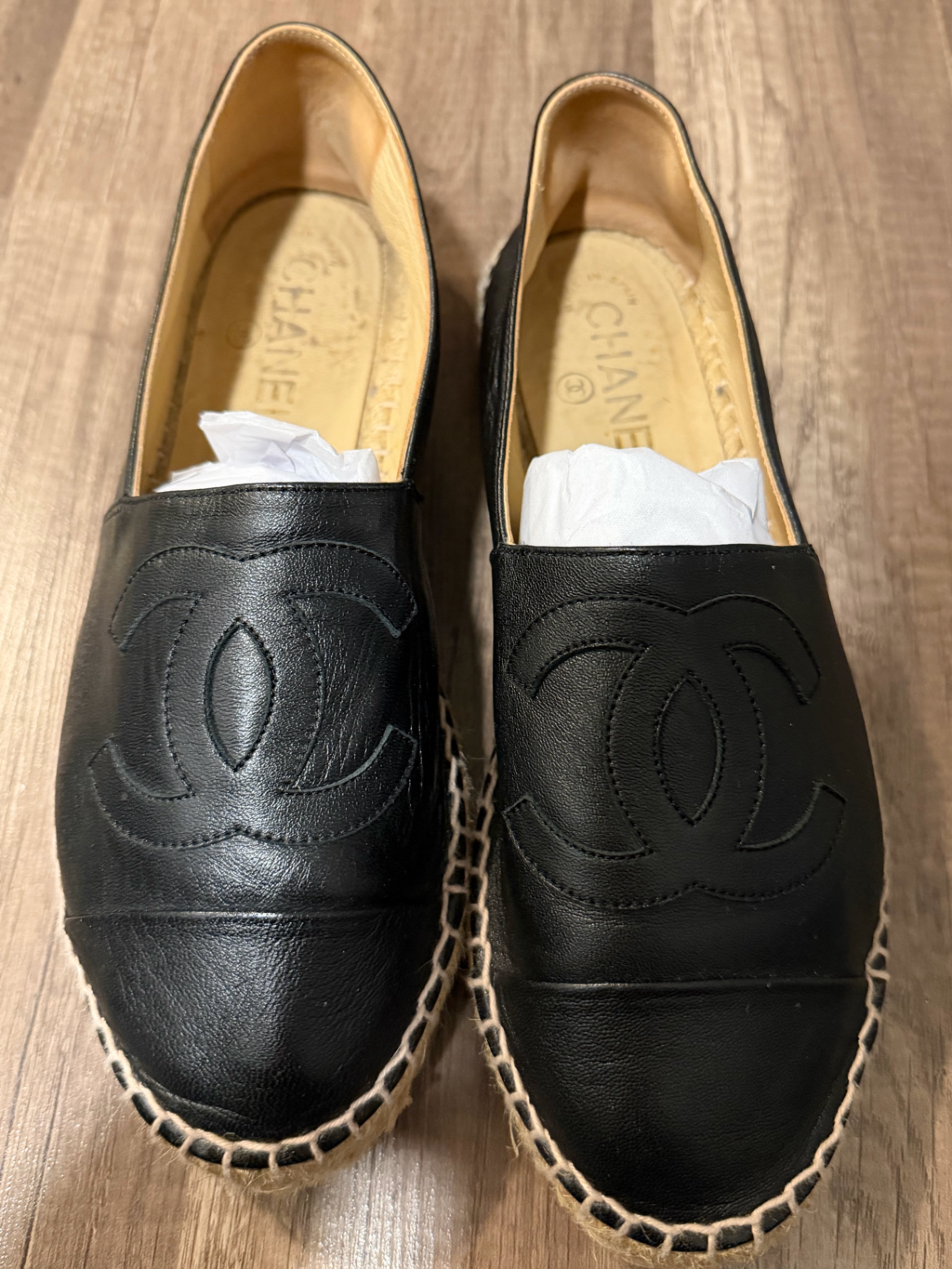 Authentic Chanel Black Leather Espadrille Slip-Ons With Logo